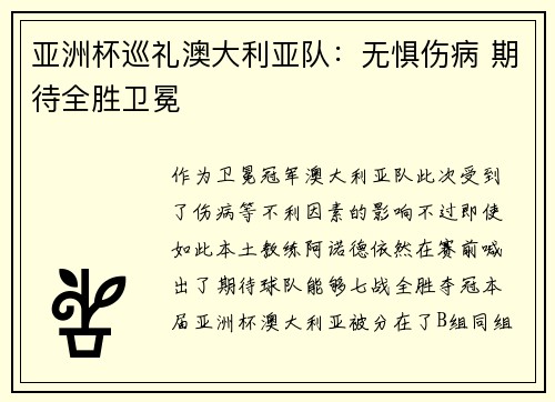 亚洲杯巡礼澳大利亚队:无惧伤病 期待全胜卫冕